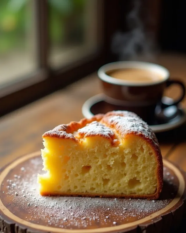 Fatia de bolo de fubá polvilhada com açúcar, com uma xícara de café ao fundo